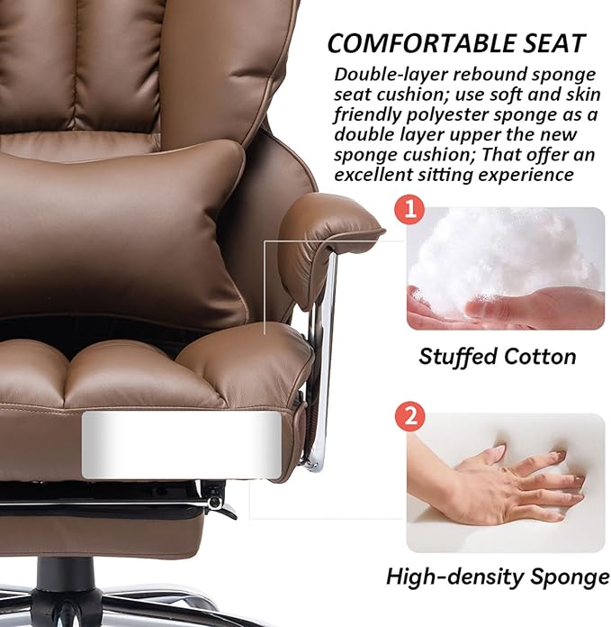 Efomao Big and Tall Office Chair 400lbs – PU Leather Executive Office Chair with Lumbar Support & Leg Rest, Heavy-Duty Computer Chair for Home Office, Brown