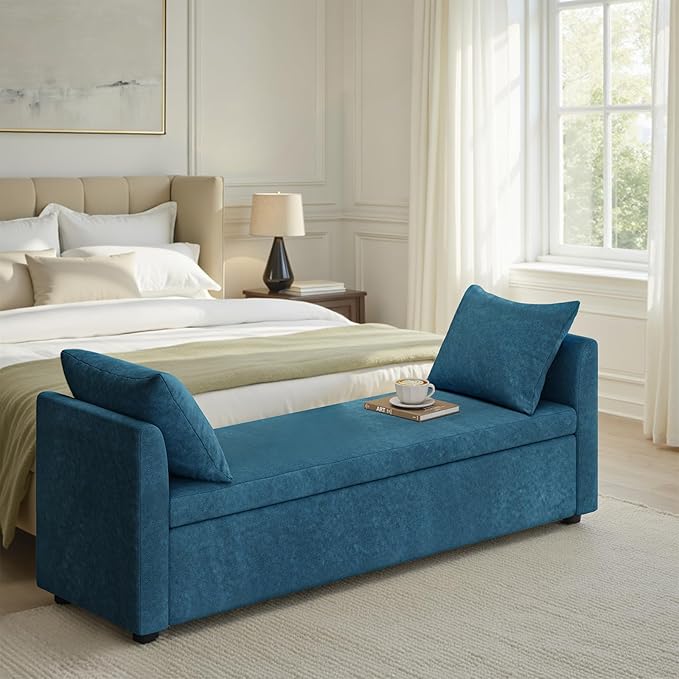 HULALA HOME Modern Storage Bench with Throw Pillows, 59.4" Extra Long Bedroom Ottoman Bench for End of Bed, Comfy Upholstered Footstool for Entryway Dining Room Living Room, Teal