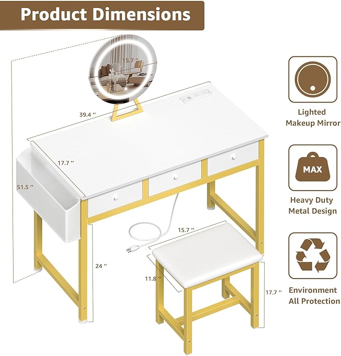 Girls Vanity Desk with Mirror and Lights Small Makeup Vanitys Set with Chair Fabric Drawers Power Outlet, Dressing Table Vanities for Kids Bedroom 40“ White and Gold