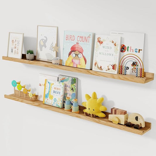 Solid Ash Wood Picture Ledge Shelf, Wood Floating Shelves Set of 2, 48 Inch Long Large Photo Ledge Shelves, Nursery Book Shelves Wall Mounted for Living Room Kids' Bedroom Decor, Natural