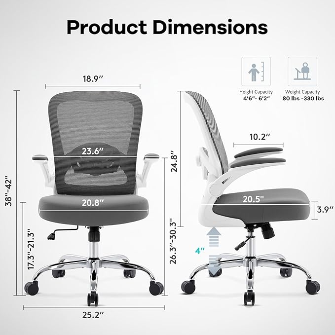 Office Chair,Ergonomic Mesh Desk Chair with Adjustable Lumbar Support,Computer Chair with Flip-up Armrests, Rolling Executive Chairs, Home Office Chair(Grey)