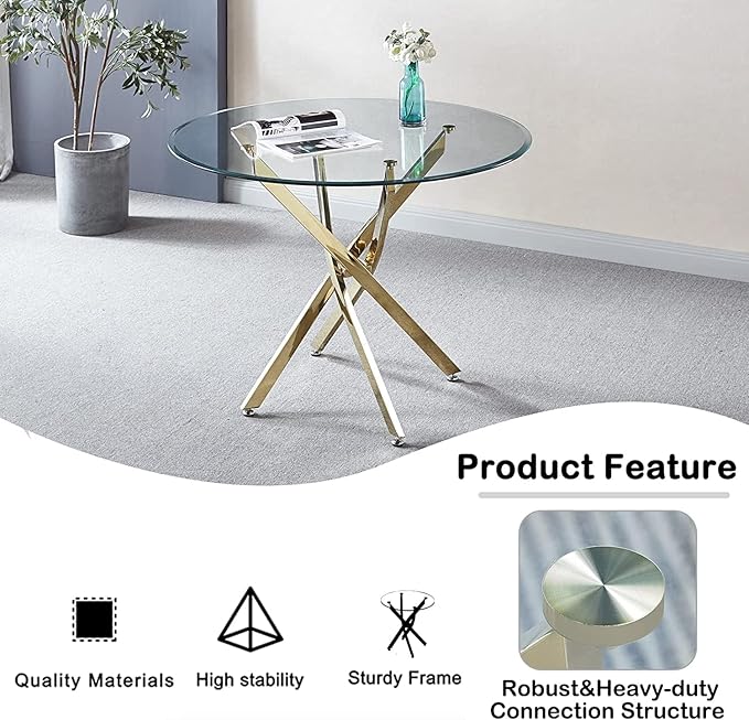 36-Inch Round Dining Room Table for 2-4, Modern Small Gold Glass Circle Kitchen Dining Table with Cross-Shape Stainless Steel Legs for Apartment Kitchen Dining Room
