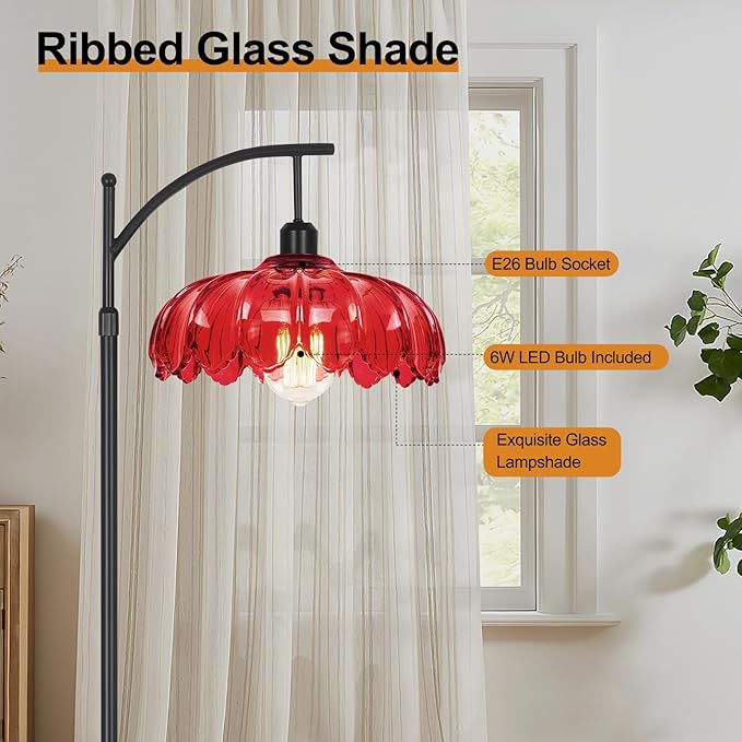 Unique Floor Lamp for Living Room with Remote,Arc Vintage Flower Standing Tall Lamp,Black Dimmable Floor Lamp with Red Glass Shade,Modern Mid Century Floor Lamps for Bedroom Office Corner