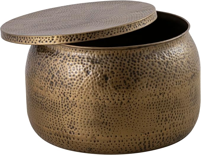 Albany Living Modern Round Aluminum Hammered Embossed Texturing, Metal Drum Coffee Table with Removable Lid for Storage,Fully Assembled, for The Living Room and Bedroom, Brass