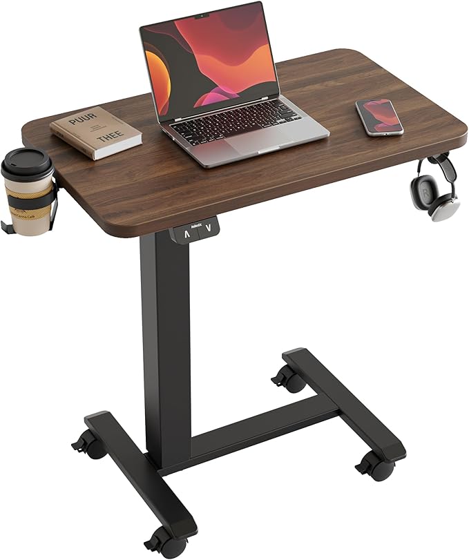 Agilestic Portable Standing Desk Height Adjustable, Mobile Table with Wheels, Small Size Sit Stand Table for Laptops, Rolling Desk for Home, 26" x 15.7"Computer Workstation, Dark Walnut