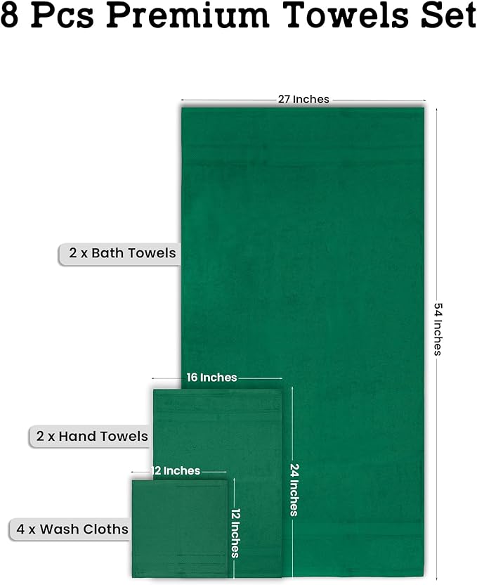 Casa Lino Bath Towel Set of 8 (2 Bath Towels, 4 Wash Cloths & 2 Hand Towels for Bathroom) - 100% Cotton - Highly Absorbent & Quick Dry - Guest Room Essentials for Bathroom Set - (Green)