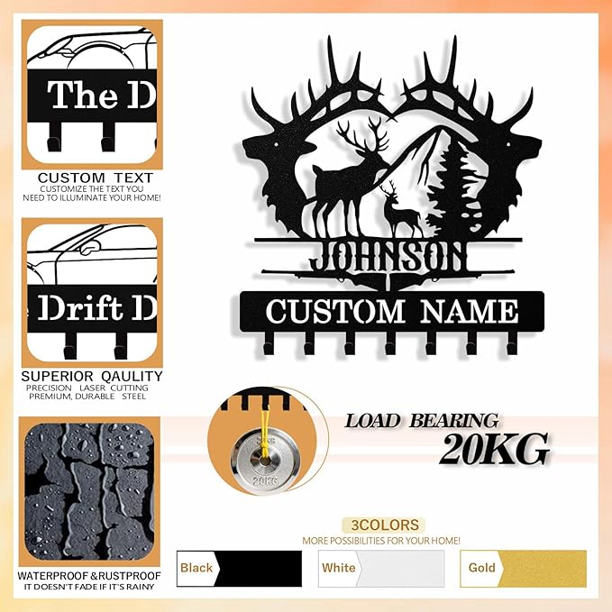 Personalized Deer Key Holder Wall Mount, Custom Metal Keys Hanger for Wall with Name, Custom Key Rack Holder with Hooks for Entryway, Front Door, Hallway, Living Room, Kitchen