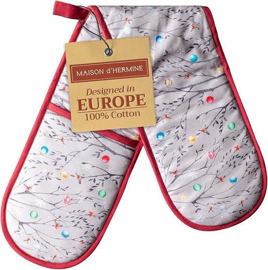 Maison d' Hermine Double Oven Mitt (7" x 35") 100% Cotton Heat Resistant BBQ Cooking Gloves with Loop for Thanksgiving Christmas Decorations Baking Cooking Barbeque Handling Hot Pan (Fairy Christmas)