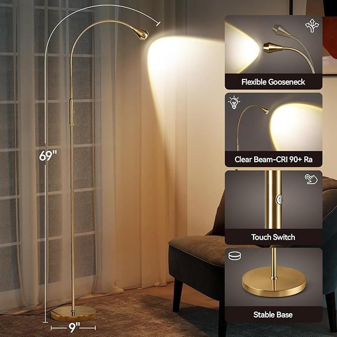 SUNMORY Adjustable LED Beam Floor Lamps for Living Room, Reading Lamp with Flexible Gooseneck, Dimmable Zoomable Spotlight, Work Light, Touch Control, Task Crafting Standing Lamp for Office Bedroom
