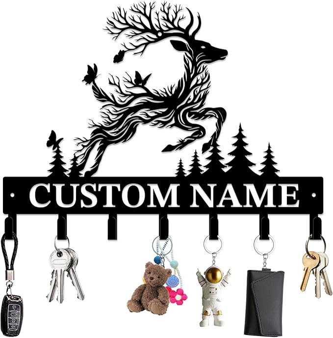 Personalized Custom Name Forest Deer Wall Keys Hooks,Metal Forest Deer Art Clothes Hooks,Metal Forest Deer Wall Home Storage Decorative,For Front Door, Hallway, Kitchen, Bedroom,Keys,Hats (Style F)