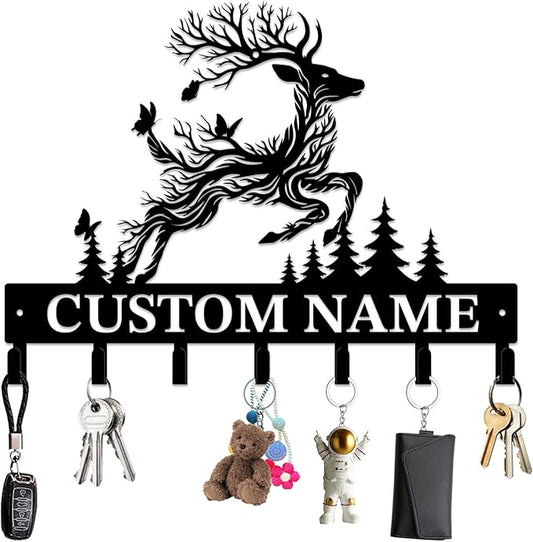 Personalized Custom Name Forest Deer Wall Keys Hooks,Metal Forest Deer Art Clothes Hooks,Metal Forest Deer Wall Home Storage Decorative,For Front Door, Hallway, Kitchen, Bedroom,Keys,Hats (Style F)