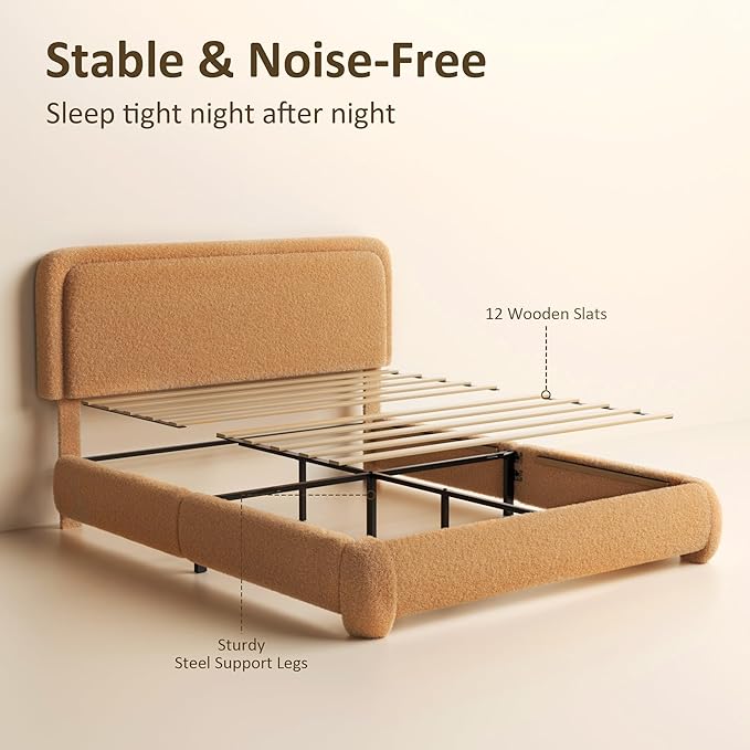 Queen Bed Frame, Teddy Velvet Boucle Bed Frame with 43.3"/45.3" Adjustable Upholstered Headboard, Rounded Corners, Mattress Foundation, No Box Spring Required, Brown