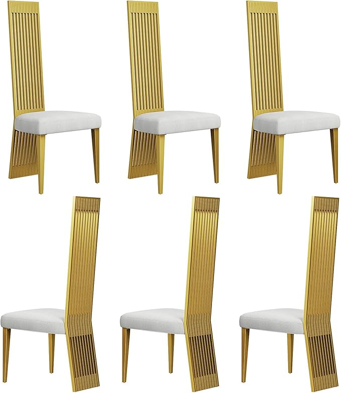 Modern Dining Chairs Set of 6, White Sponge Dining Room Chairs with Brushed Gold Stainless Steel Legs, Upholstered Chairs with High Back and Metal Legs for Living Room/Kitchen/Restaurant