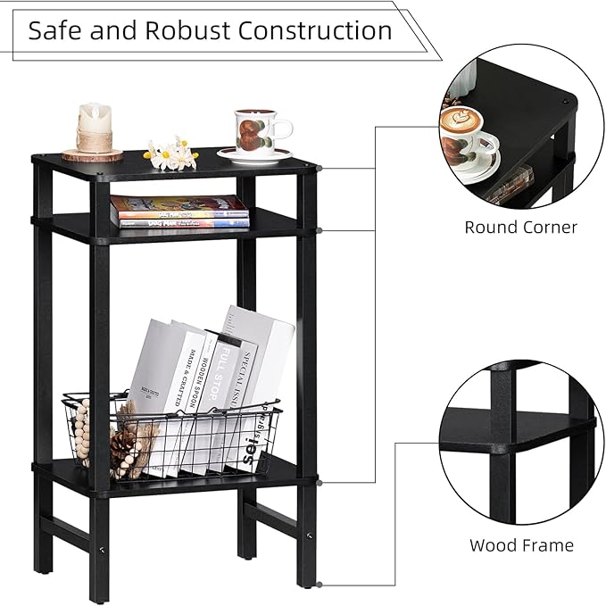 28in Tall Side Table 3-Tier Small Narrow End Table for Couch, Skinny Nightstand for Small Space, Farmhouse Slim Night Stand with Storage, Wooden Frame Thin Bedside Table, for Living Room, Black