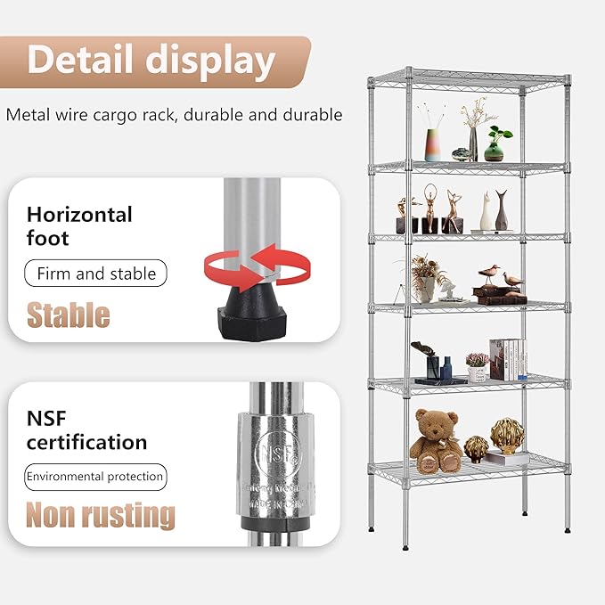 FDW 6 Tier Wire Shelving Units 23L x 13W x 59H Adjustable Metal Storage Rack NSF Pantry Shelves Kitchen Organization Shelf for Kitchen Garage Small Places Commercial,Chrome
