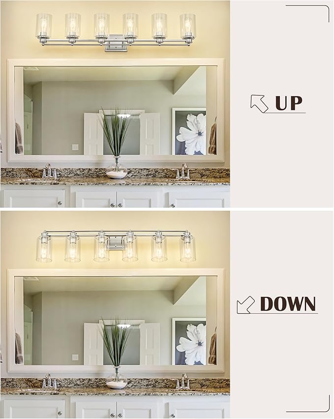 Bathroom Vanity Light Fixtures 6 Light, HWH Brushed Nickel Vanity Light Bathroom Lights Over Mirror, Wall Vanity Lights for Bathroom with Clear Glass Shade, 5HLT63B-6W BN