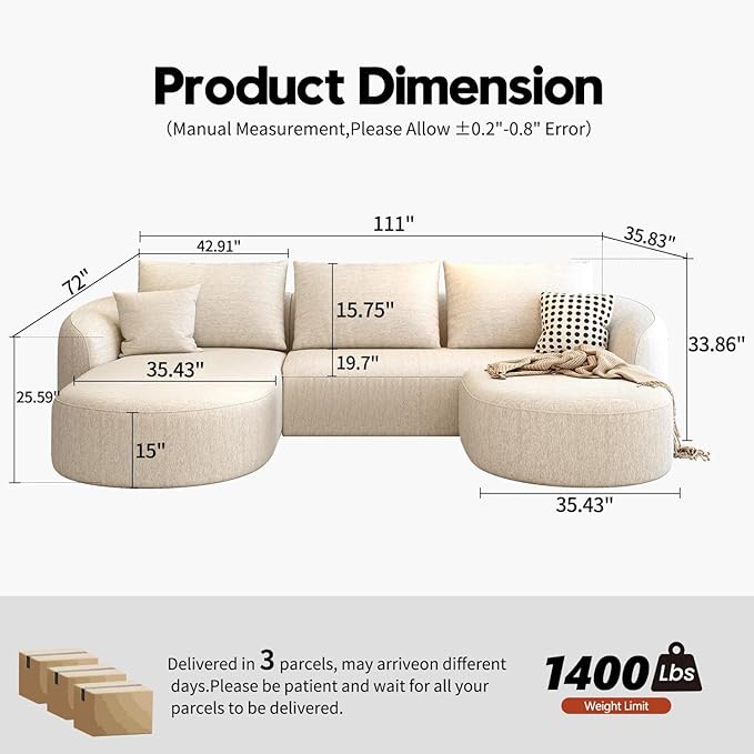 111" Modular Sectional Couches Luxury Modern Curved Back U-Shape Sofa Set with Ottoman,Minimalist Comfy Boneless Cloud Couch for Living Room Apartment,(Left Facing Chaise,White)