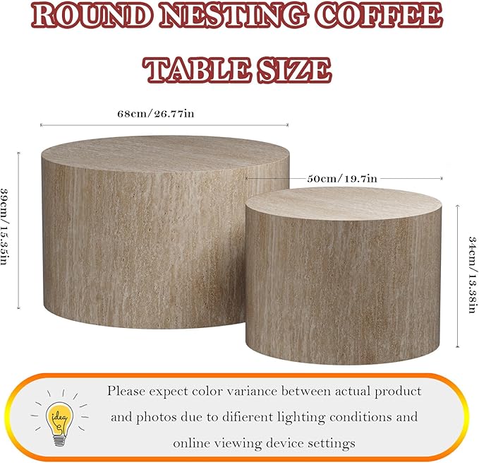 Round Travertine Coffee Table Set of 2 Modern Stripe Circle Nesting Side Tables No Assembly for Living Room Balcony Yard (E-26.77+19.7in)