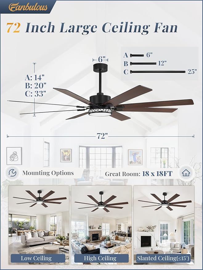 Fanbulous 72 Inch Large Ceiling Fans with Lights, Farmhouse Ceiling Fan with Light and Remote, Dual Finish 8 Blades, Reversible DC Motor,3 CCT, 6 Speed, Modern Ceiling Fan for Living Room Patio, Black