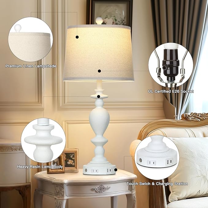 28" White Farmhouse Table Lamps Set of 2 with USB C+A Ports & AC Outlet for Vintage Living Room Rustic Bedroom,3-Way Dimmable Touch Lamp Retro Resin Bedside Lamps for Nightstand Side Table
