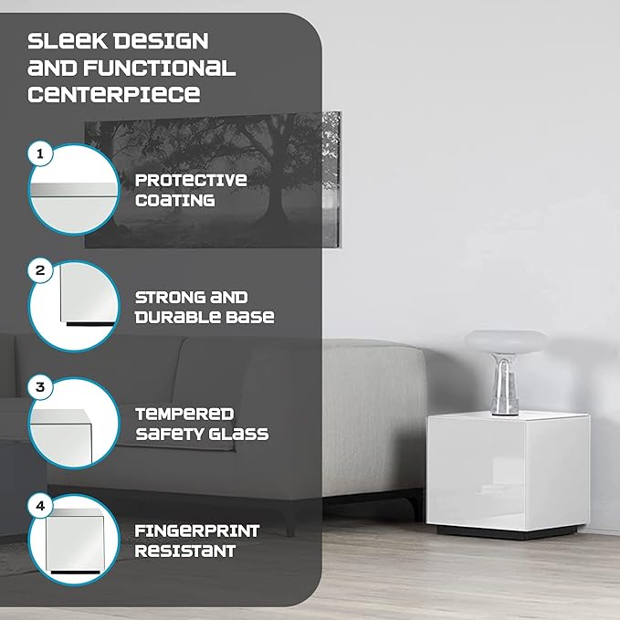 SONOROUS Premium Tempered Glass Side Table - Luxury Nightstand & Bedside Table for Bedroom or Living Room - High Gloss End Table in White Finish - Sleek Cube Design with Fingerprint Resistant Glass