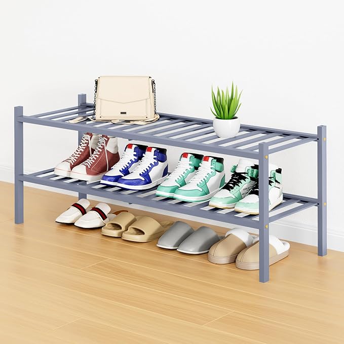 Smiry Shoe Rack, 2 Tier Long Bamboo Shoe Organizer, Stackable Free Standing Wooden Shoe Storage Shelf for Closet, Entryway, Front Door Entrance, Grey