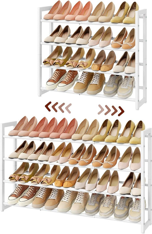 FAVOOSTY 4-Tier Expandable Shoe Rack, Adjustable Shoe Shelf Storage Organizer Space Saving Metal Free Standing Shoe Rack for Entryway Closet Doorway, White