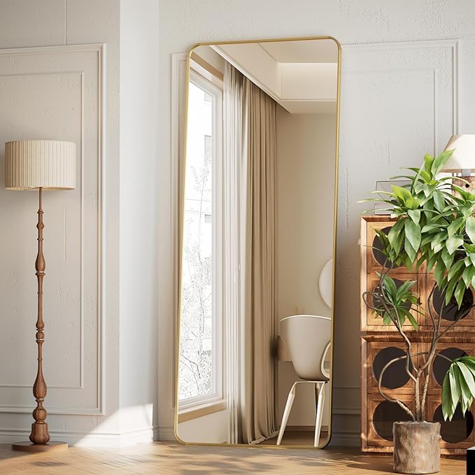 65"x24" Floor Full Length Mirror Standing Full Body Rounded Corner Rectangle Mirrors with Stand Hanging Wall Mounted Leaning Bedroom Living Room Bedroom Cloakroom,Gold