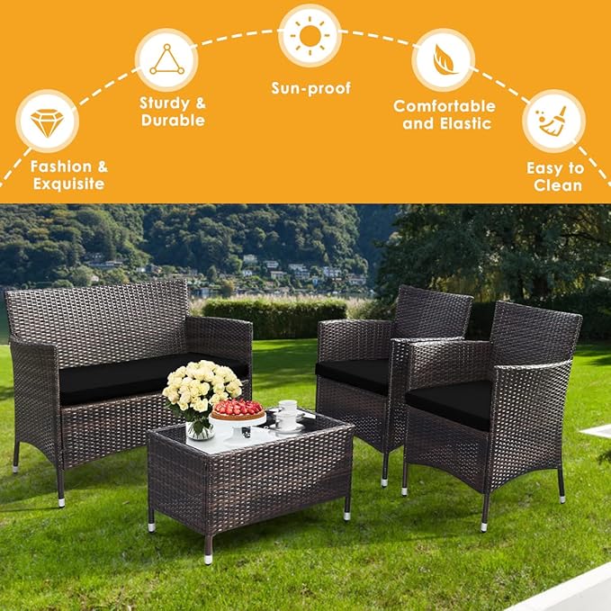 Goplus 4-Piece Rattan Patio Set, Outdoor/Indoor Wicker Conversation Set for Pool, Backyard, Lawn, Wicker Chairs and Sofa with Soft Cushion, Rattan Furniture with Tempered Glass Coffee Table
