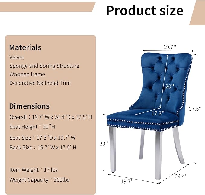 Luxury Upholstered Dining Chairs Set of 8, Blue Kitchen Chair with Silver Metal Legs, Velvet Tufted Back Dining Chair, Sillas de Comedor, Modern Kitchen & Dining Room Chairs (Blue, 8 Pcs)