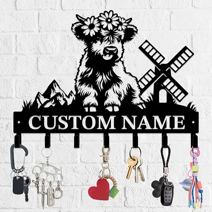 Personalized Highland Cow Metal Keys Hooks,Custom Name Metal Highland Cow Keys Hooks,Black Metal Highland Cow Wall Home Storage Decorative Keys Hooks,Key Holder Hooks for Wall (Style E)