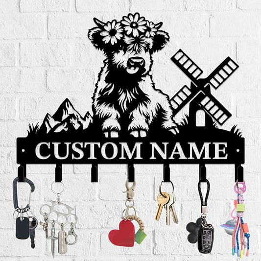 Personalized Highland Cow Metal Keys Hooks,Custom Name Metal Highland Cow Keys Hooks,Black Metal Highland Cow Wall Home Storage Decorative Keys Hooks,Key Holder Hooks for Wall (Style E)