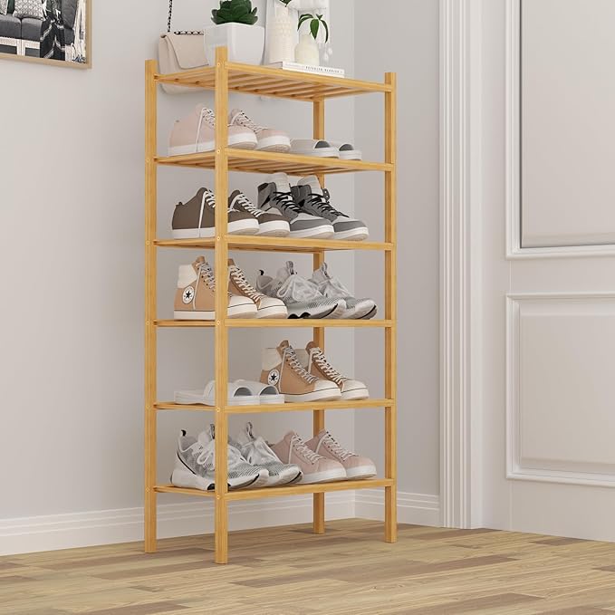 6-Tier Bamboo Small Shoe Rack, Free Standing Wood Shoe Shelf Storage Organizer for Closet Entryway Stackable (Natural)