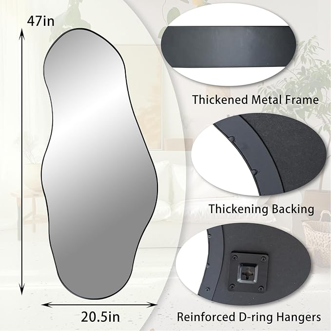 Irregular Mirror, 47"x20.5" Asymmetrical Mirrors, Abstract Wall Mirror with Metal Frame, Modern Unique Shaped Mirrors for Living Room Bathroom Bedroom Hallway Entryway Fireplace