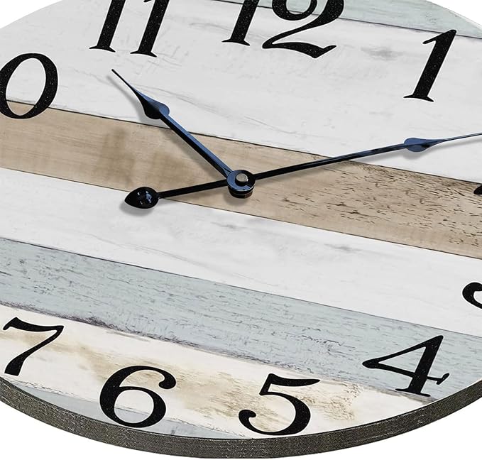24 Inch Wall Clock Wood Round Silent Non-Ticking Clock,Large Rustic Farmhouse Blue Wall Clock with Battery Operated Vintage Decorative Clock for Living Room Kitchen Decor