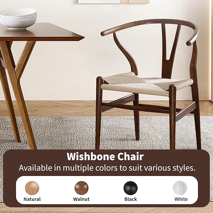 Wishbone Chair Natural Solid Wood Dining Chair/Hans Vegner Y Chair Rattan and Wood Accent Armrest Chairs (Ash Wood - Walnut 2 Chairs)