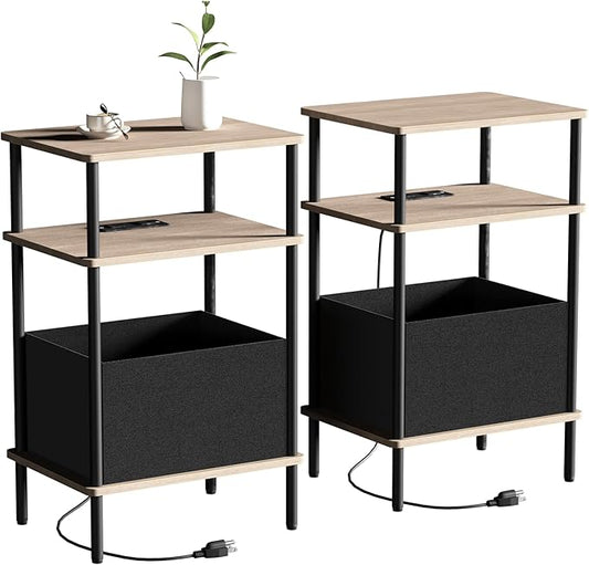 Small Side Table with Charging Station, Set of 2 End Table for Small Spaces, Slim Nightstand with Outlet,Sofa Beside Table, 3-Tier Storage Shelf,Living Room, Bed Room, Natrual Walnut