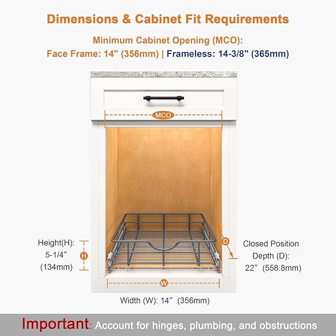 ALINE FURNITURE Pull Out Shelves - 14" W x 22" D Soft Close Pull Out Cabinet Organizer 1 Tier - Slide Out Drawers with Shelf Liner, Heavy Duty Steel Wire Baskets for Kitchen Cabinets, Pantry, Bathroom