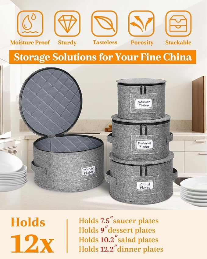 punemi China Storage Containers, Dish Storage with Rigid Top Side Bottom Support & Felt Dividers for Charger Plates Dinnerware, Perfect for Moving Supplies, 4 set Stackable Fine China Storage, Gray