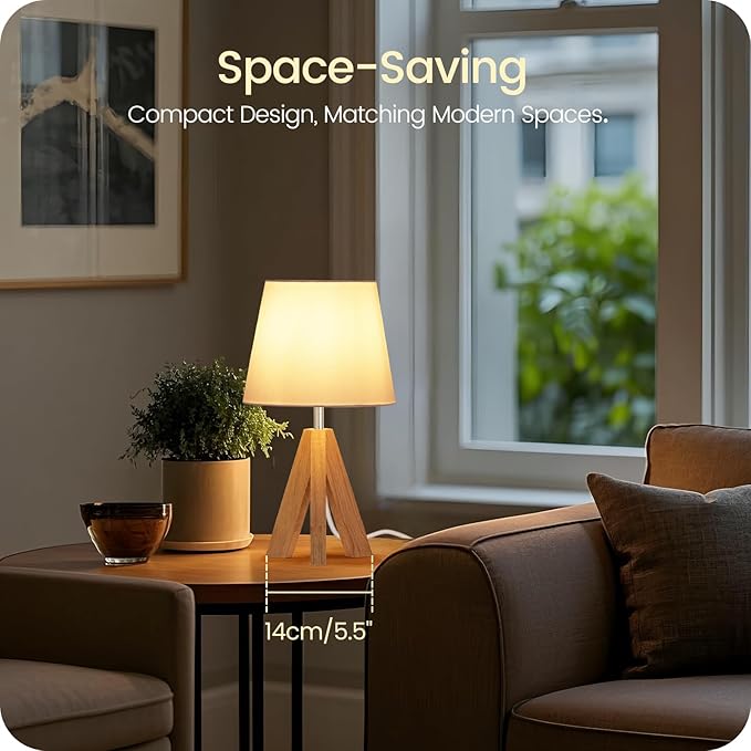 Small Tripod Table Lamp, Modern Nightstand Lamp with Fabric Shade, Boho Bedside Wood Desk Light for Bedroom, Kids Room, Living Room, Office, Study, White, W51TL05