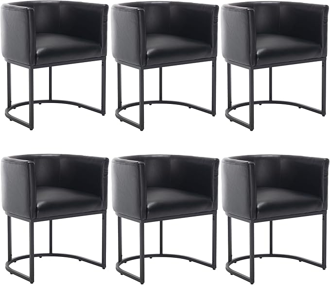 Faux Leather Dining Chairs Set of 6 Modern Barrel Arm Chairs with Black Metal Frame, Upholstered Kitchen Chairs 18.5" Wide Accent Chairs for Living Room Dining Room Restaurant, Black