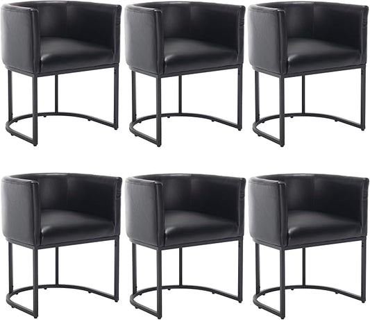 Faux Leather Dining Chairs Set of 6 Modern Barrel Arm Chairs with Black Metal Frame, Upholstered Kitchen Chairs 18.5" Wide Accent Chairs for Living Room Dining Room Restaurant, Black