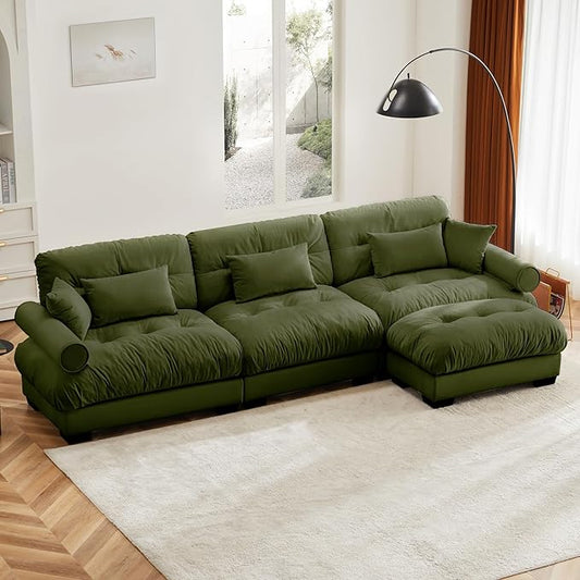 130"Oversized Couch, 3 Seater Modular Sectional Sofa, Olive Green Large L Shaped Sectional Couches for Living Room, Fluffy Couch Set, 3 Seater, Velvet Cloud Couches with Ottoman, Sofas for Living Room