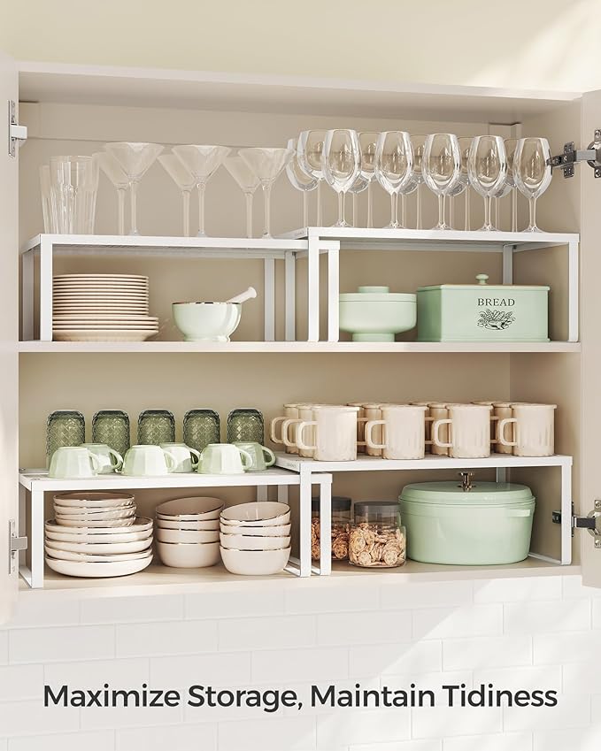 SONGMICS Spice Racks, Set of 2 Metal Cabinet Shelf Organizers, Countertop Organizers, Shelf Risers, Stackable, Expandable, White UKCS401W01