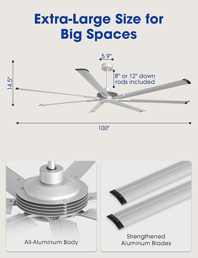 Industrial Ceiling Fans with Remote Control, 100 Inch Big Ceiling Fans without Lights for Living Room Shop Garage Bedroom Indoor Outdoor, 6-Speed Reversible DC Motor, Dimmable, 3CCT, Timer