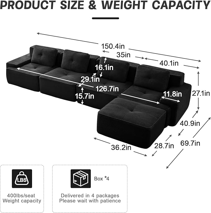 150.4'' Sectional Sofa, 32D Foam Corduroy Boneless Couch with Pillow, Deep Seat Wide Arm Sectional L Shaped Couch for Living Room, Apartment, Bedroom
