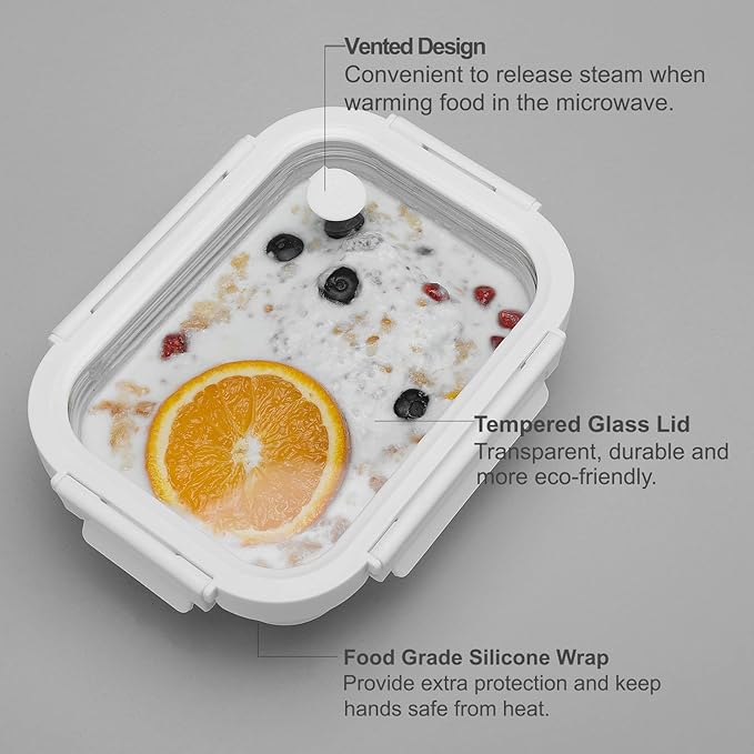 GENICOOK Glass Food Storage Meal Prep Containers - Food Grade Silicone Wrap & Air Release Vent, Rectangular shape - 8 Pc Set (4 Containers - 4 Matching Lids)