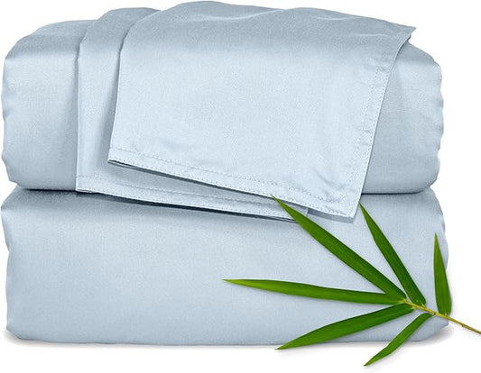 Pure Bamboo Split King Sheets, Genuine 100% Organic Viscose Derived from Bamboo Bed Sheet Set, Soft & Cooling, Double Stitching, 2 Fitted Sheets (Split King, Glacier)
