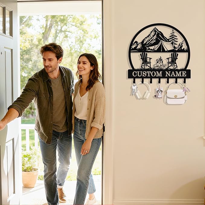 Personalized Camping Key Holder Wall Mount, Custom Metal Key Holder for Wall with Name, Custom Keys Rack Hanger with Hooks for Entryway, Front Door, Hallway, Living Room, Kitchen