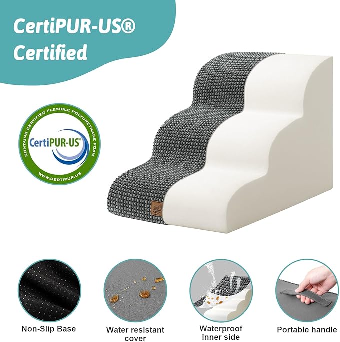 Dog Stairs for Small Dogs 15.7" H, Curved Dog Step for Puppy, Older Cat, Medium Pet Ramp for Sofa, Couch or Chair, Ladder with High Density Foam, 15.7x22.4x15.7 inch, 3 Step, Charcoal Grey